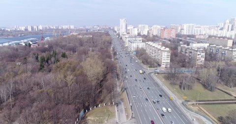 Aerial view Leningradskoye Highway and Khimki Reservoir, Moscow