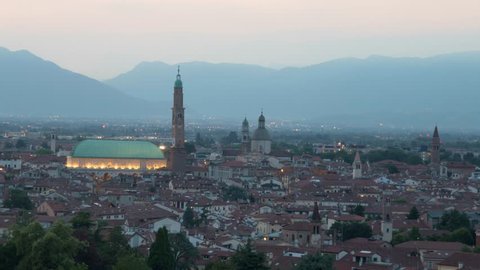 Vicenza - Panoramic view of the city-center with the Basilica Palladiana in foreground - Timelapse from sunset to dusk