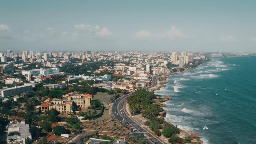 Dominican Republic Santo Domingo city center. Aerial view amazing city on the ocean.  Coastline Caribbean sea. Santo Domingo capital. A City Beach. Old city. Areal top view the capital background
