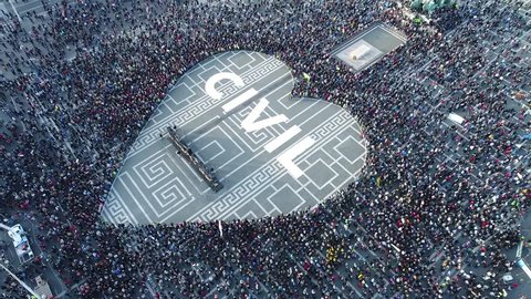 Budapest, 12 April, 2017. Thousands demonstrate in central Budapest against new higher education legislation seen as targeting the Central European University - aerial video.