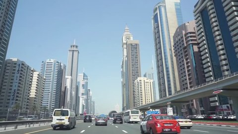 DUBAI, UAE - 01 APRIL 2017 : Driving on SHEIKH ZAYED ROAD from Abu Dhabi, A high number of tall towers on both side is very impressive.
