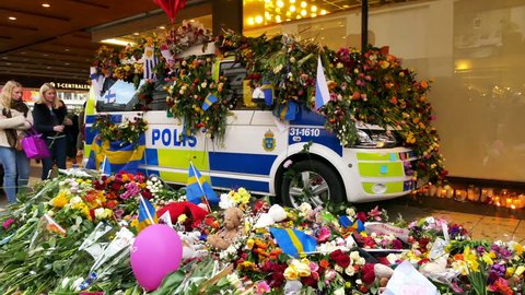 STOCKHOLM, SWEDEN - April 11, 2017:Floral Tributes in Stockholm, truck attack