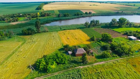 Aerial photography, lake, field, village