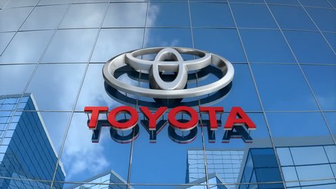 Editorial use only, 3D animation, Toyota logo on glass building.