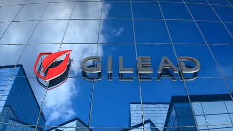 Editorial use only, 3D animation, Gilead Sciences logo on glass building.