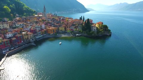 Village of Varenna on Como lake in Italy - Aerial view