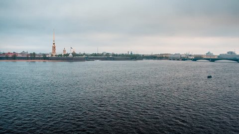 Aerial shot of the commercial fishing. Fisherman pulling fishing trap in the Neva river in Saint Petersburg, Russian Federation