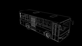 Small polygonal 3D bus. Flyby cameras outside. White lines on a black background.