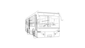 Small polygonal 3D bus. Flyby cameras outside and inside the cabin. Black lines on a white background.