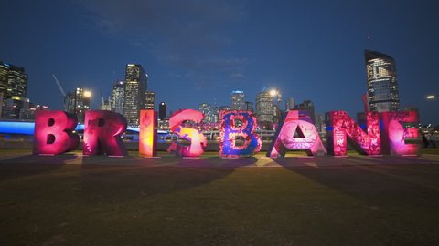 BRISBANE, AUSTRALIA-MARCH, 7, 2017: night view of the G20 brisbane letters illuminated in red at south bank in queensland, australia