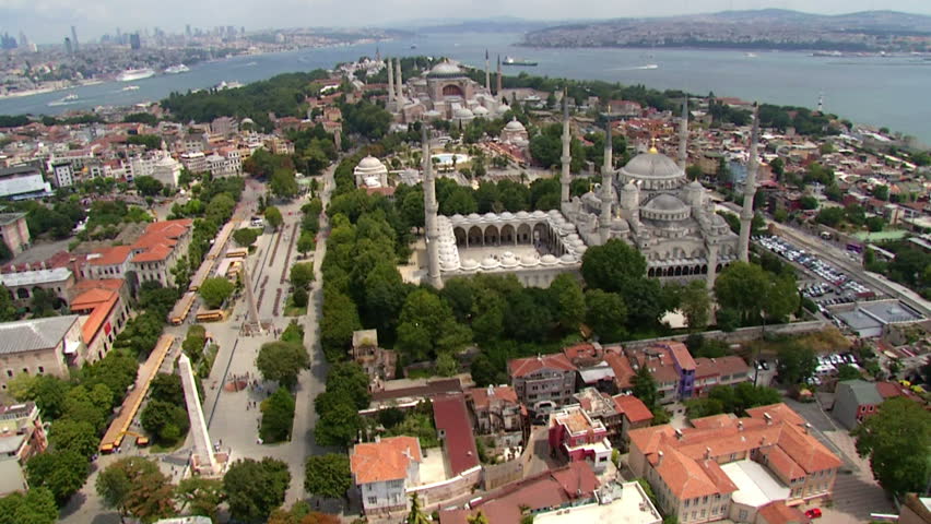 Istanbul from sky- Blue Mosque and Hagia Sophia in same video