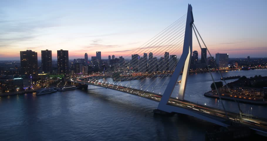 Timelapse of the skyline of Rotterdam, the Netherlands, with the Erasmus bridge. 4K version. 