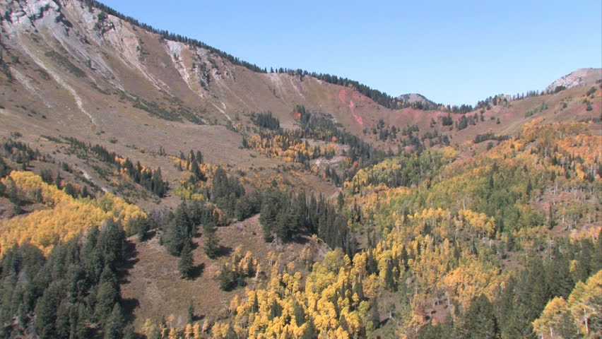 Utah mountain in the autumn. Bright red and yellow fall leaves on oaks and quaken aspen trees. Mount Nebo scenic loop, on one of America Scenic Byways. Colorful forest.