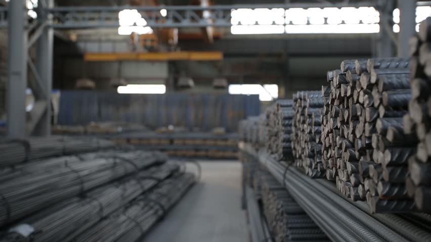 warehouse full of tied reinforcing steel bars close up left to right Royalty-Free Stock Footage #25887797