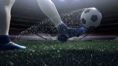 close up view of soccer ball and player leg. shooting to the goal in slow motion Video Stok