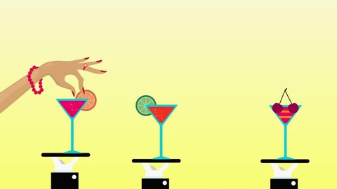 Animation movie. Vector martini set. Fruits, lemon, lime, olives, cherry, martini cocktail party, waiters, bartenders.