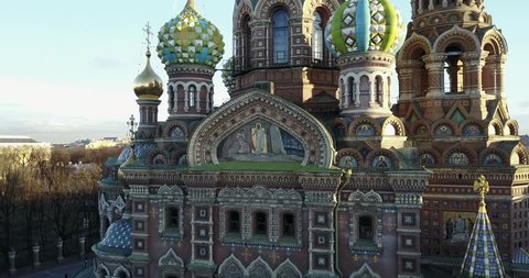 Aerial: The Facade of Church of the Savior on Blood at sunset. Spring cityscape of Saint Petersburg, Russia 