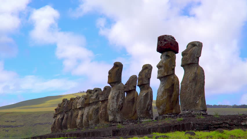 Maoi statues Ahu Tongariki side on Easter Island, Chile