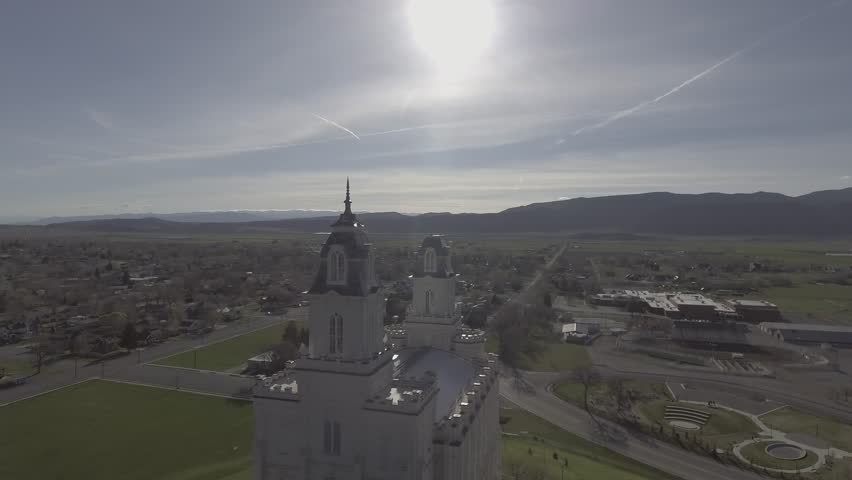Aerial view of LDS Temple in Manti Utah. Shot in flat color profile for color grading. Color graded version also available.