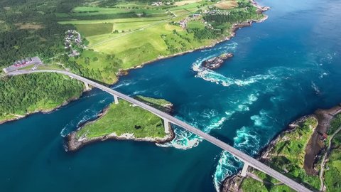 Whirlpools of the maelstrom of Saltstraumen, Nordland, Norway aerial view Beautiful Nature. Saltstraumen is a small strait with one of the strongest tidal currents in the world.