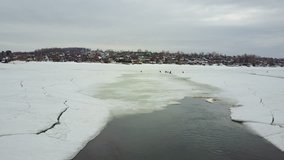 Winter fishing. Flight on quadcopter. Top view
