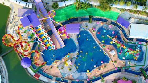 PHITSANULOK, THAILAND - APRIL 8 : The unidentified people in Splash Fun water park in Phitsanulok on April 8, 2017. Aerial view from flying drone