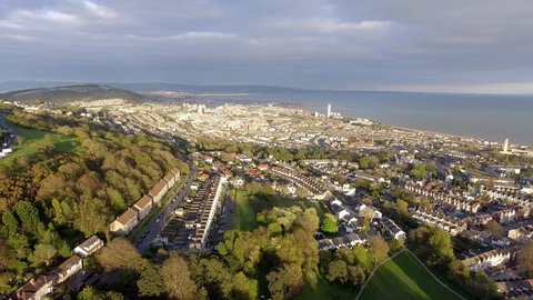 Editorial SWANSEA, UK - APRIL 13, 2017: A view of Swansea east and the Bay, looking towards Port Talbot from Cwmdonkin Park, a favourite haunt of poet Dylan Thomas, in the Uplands area