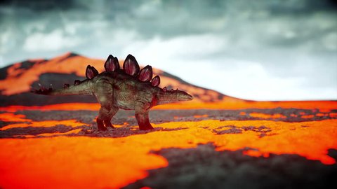Volcanic Eruption. Dinosaur. Prehistoric period, rocky landscape. Realistic 4K animation.