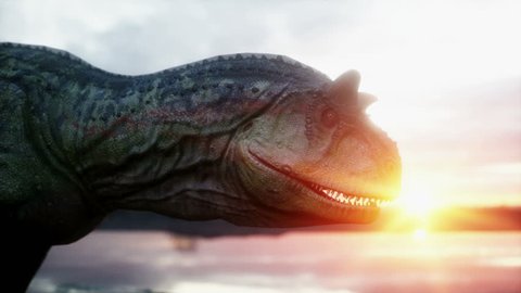 Dinosaur. Prehistoric period, rocky landscape. Wonderfull sunrise. Realistic 4K animation.