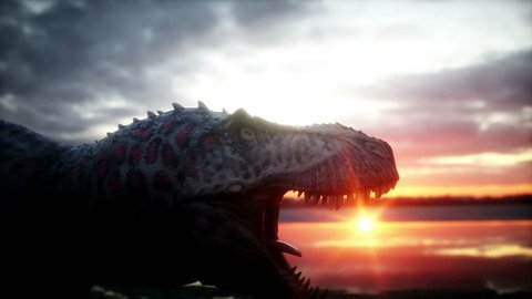 Dinosaur. Prehistoric period, rocky landscape. Wonderfull sunrise. Realistic 4K animation.