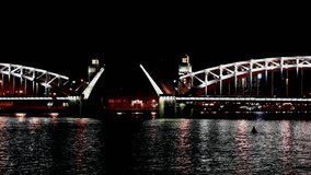 time lapse video  drawbridge at night, St. Petersburg   the Neva River, Peter the Great Bridge