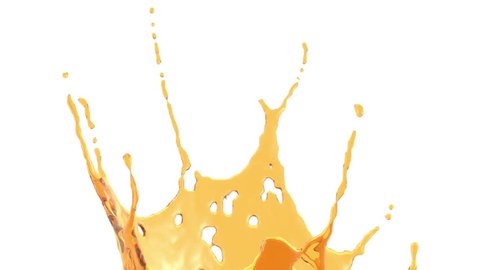 3d animation: Realistic cg crown splash of transparent orange - water - liquid - juice -tea with drops, reflection, glare. Alpha matte channel.
