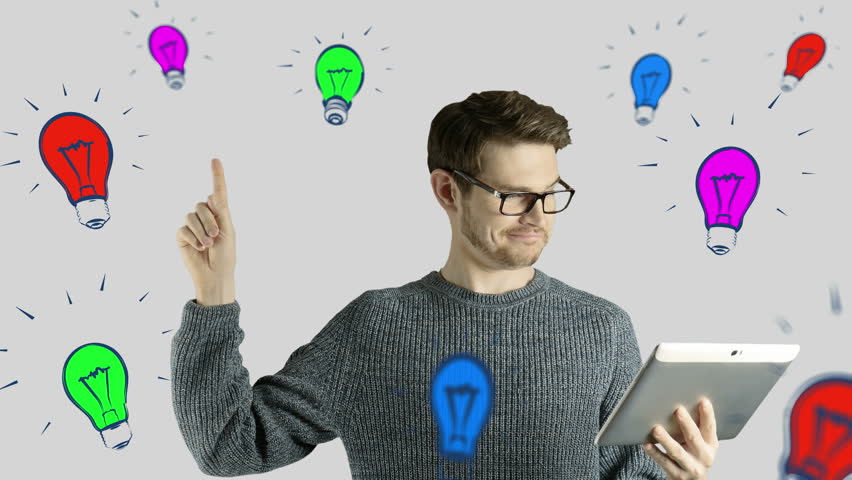 Clever hipster creative man think touch digital tablet ipad gets an idea, which jumps up as symbolic colored cartoon animation shape lamps around him on white background
