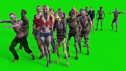 Zombie Group Walking Green Screen 3D Rendering Animation