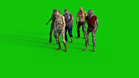 Zombie Group Walking Front Green Screen 3D Rendering Animation