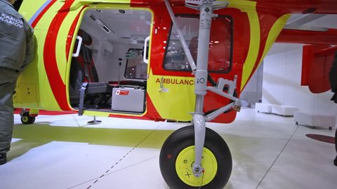 MOSCOW - MAY 21: Helicopter of Ambulance stands on International exhibition of helicopter industry of Helirussia in Exhibition center Expo Crocus, on May 21, 2012 in Moscow, Russia