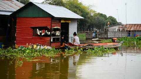 TONLE SAP, CAMBODIA - 7th MARCH, 2017: Floating village view in the Tonle Sap, Cambodia.