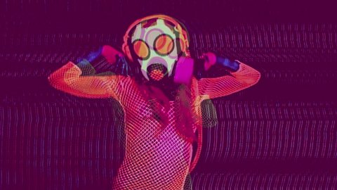 uv fluorescent sexy female gogo dances wearing a gasmask. this version has been passed through an analogue video effects unit to add glitch and distortion.
