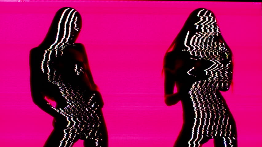 Silhouette of a beautiful sexy woman posing and slowly doing a striptease. this version has been passed through an analogue video effects unit to add glitch and distortion.