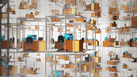 Cubicles With Chairs And Computers In Office. Loop animation.