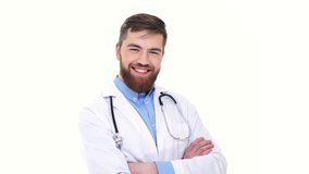 Cheerful man doctor looking camera and winking isolated