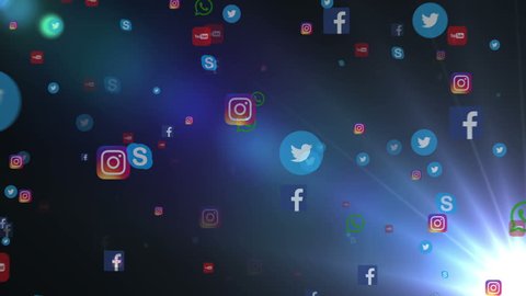 Editorial animation: flying banners of the most popular social media in the world, such as facebook, instagram, youtube, skype, twitter and others. On a black background