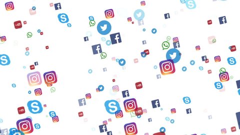 Editorial animation: flying banners of the most popular social media in the world, such as facebook, instagram, youtube, skype, twitter and others. On a white background.