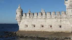 Detail of Belem Tower at clear sunny day. Lisbon, Portugal
