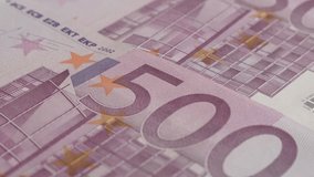 European Union paper Euro banknotes shallow DOF 4K 2160p 30fps UltraHD footage - Official currency of EU in 500 denominations slow tilt 3840X2160 UHD video