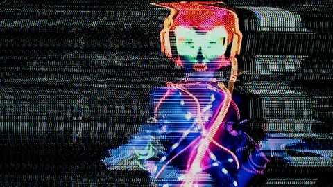 4k fantastic video of sexy cyber raver woman filmed in fluorescent clothing under UV black light. this version has been passed through an analogue video effects unit to add glitch and distortion.