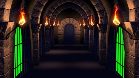 Render of movement along a dungeon with four flaming torches and jail to exit through an opening door to a green screen