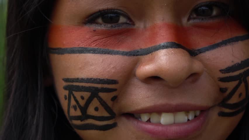 Closeup face of Native Brazilian Woman at an indigenous tribe in the Amazon