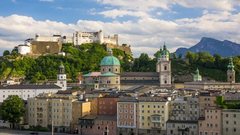 Austria. Salzburg. Evening view of the downtown and the Festung Hohensalzburg. Time lapse