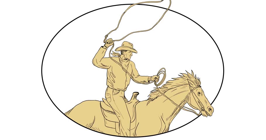 2d Animation motion graphics showing drawing sketch style illustration of a rodeo cowboy holding lasso riding horse set on white screen and green screen with alpha matte 4k ultra-high-definition. 